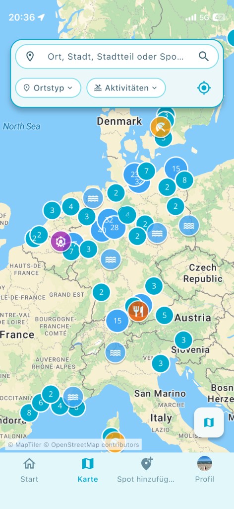 BlueSpots map with colourful spot pins and filters for place type and activities
