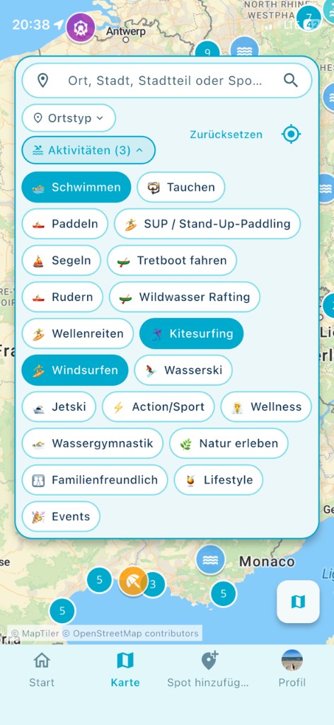 Filter UI open with activities such as swimming, kitesurfing and windsurfing